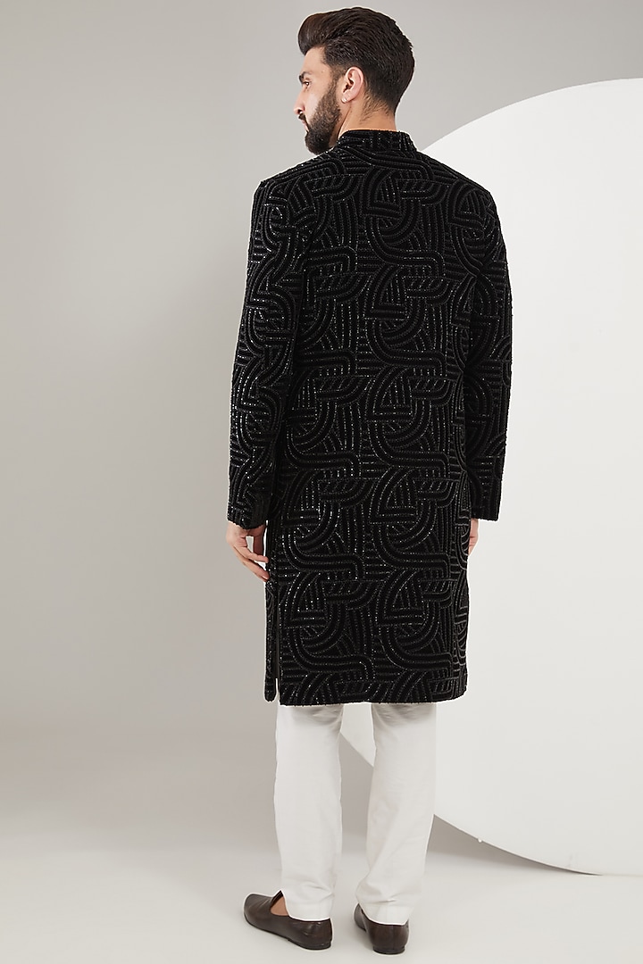 Black Velvet Cutdana Embroidered Wedding Sherwani by Kasbah Clothing at Pernia's Pop Up Shop