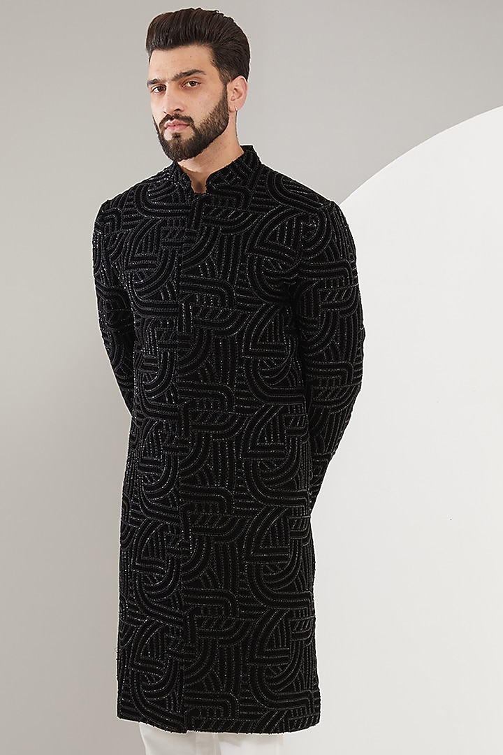 Black Velvet Cutdana Embroidered Wedding Sherwani by Kasbah Clothing at Pernia's Pop Up Shop
