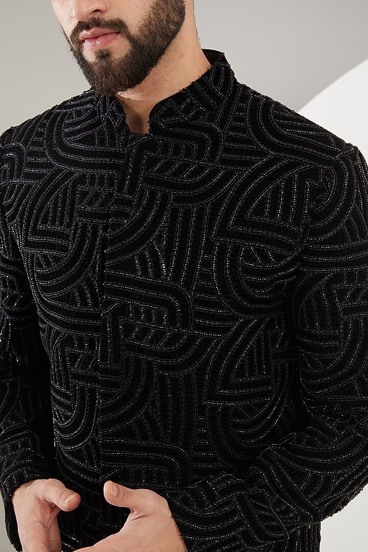 Black Velvet Cutdana Embroidered Wedding Sherwani by Kasbah Clothing at Pernia's Pop Up Shop