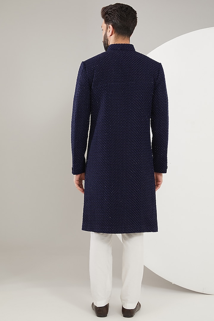 Navy Blue Velvet Cutdana Embroidered Wedding Sherwani by Kasbah Clothing at Pernia's Pop Up Shop
