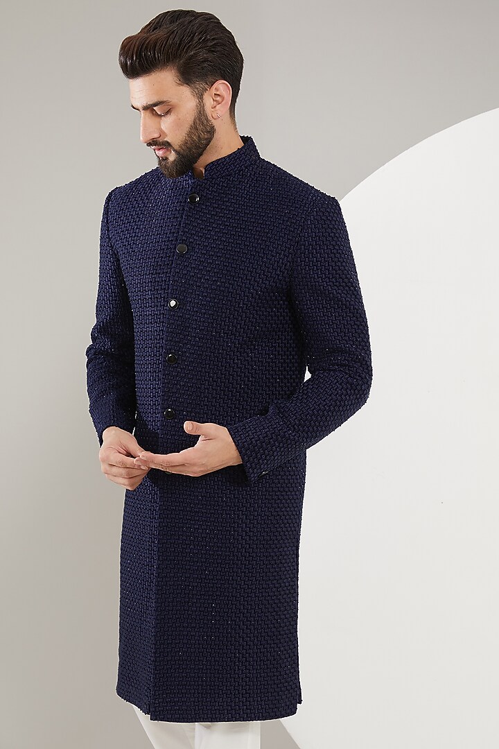 Navy Blue Velvet Cutdana Embroidered Wedding Sherwani by Kasbah Clothing at Pernia's Pop Up Shop