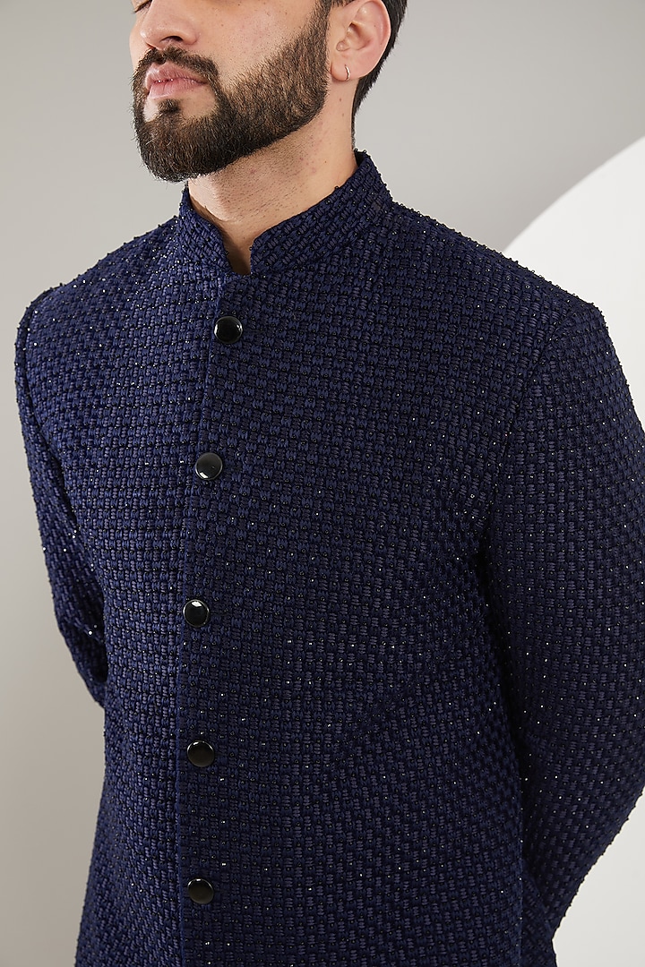 Navy Blue Velvet Cutdana Embroidered Wedding Sherwani by Kasbah Clothing at Pernia's Pop Up Shop