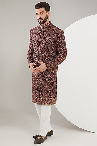 Multi-Colored Georgette Thread Work Sherwani by Kasbah Clothing