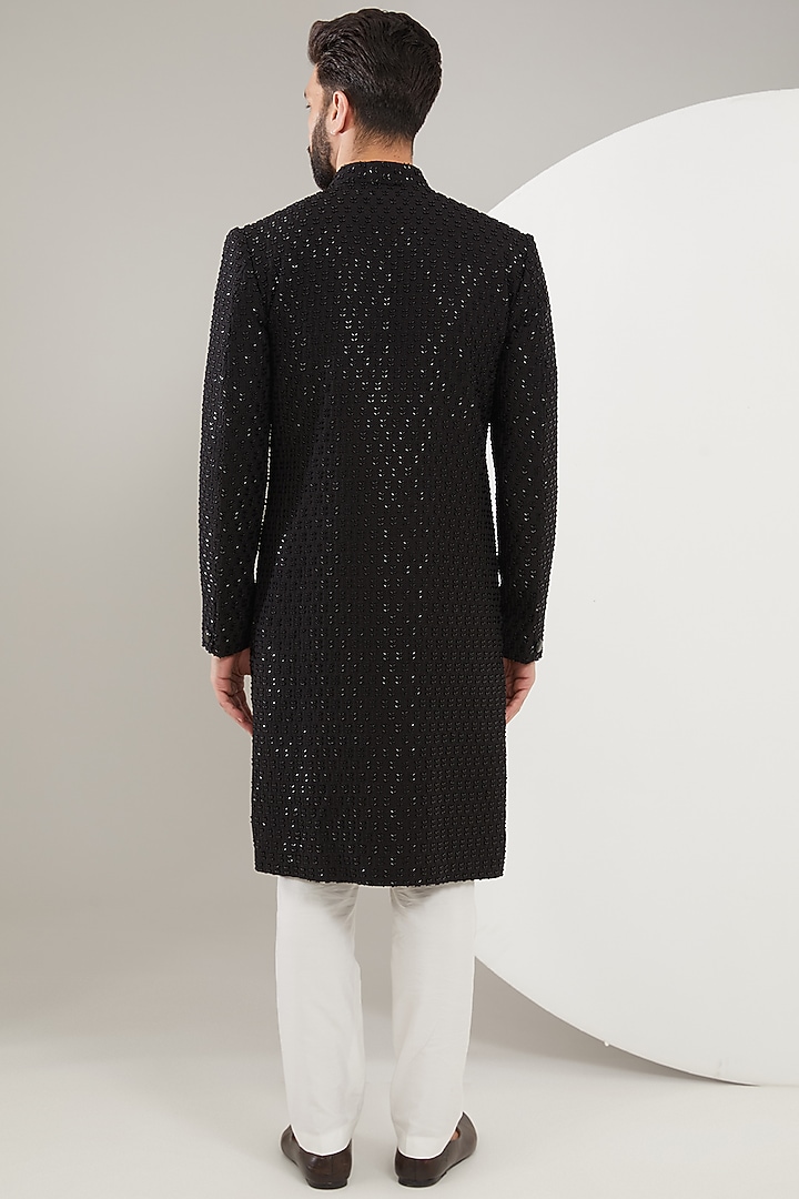 Black Silk Cutdana Embroidered Wedding Sherwani by Kasbah Clothing at Pernia's Pop Up Shop