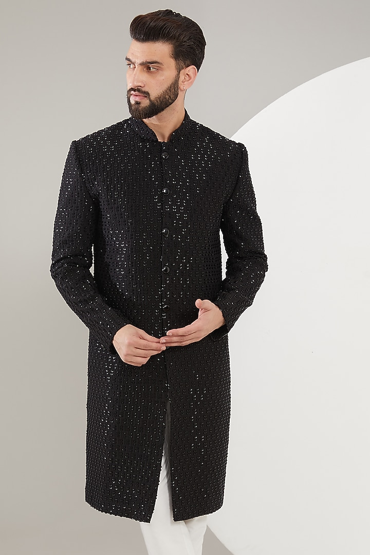 Black Silk Cutdana Embroidered Wedding Sherwani by Kasbah Clothing at Pernia's Pop Up Shop