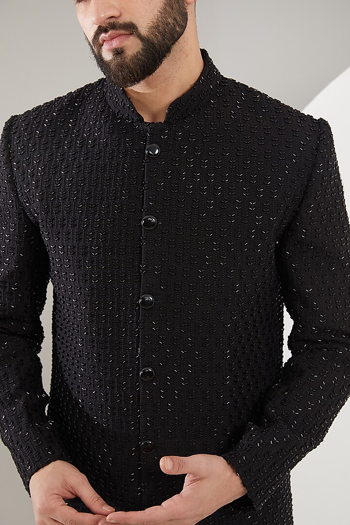 Black Silk Cutdana Embroidered Wedding Sherwani by Kasbah Clothing at Pernia's Pop Up Shop