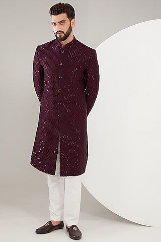 Maroon Silk Cutdana Embroidered Sherwani by Kasbah Clothing