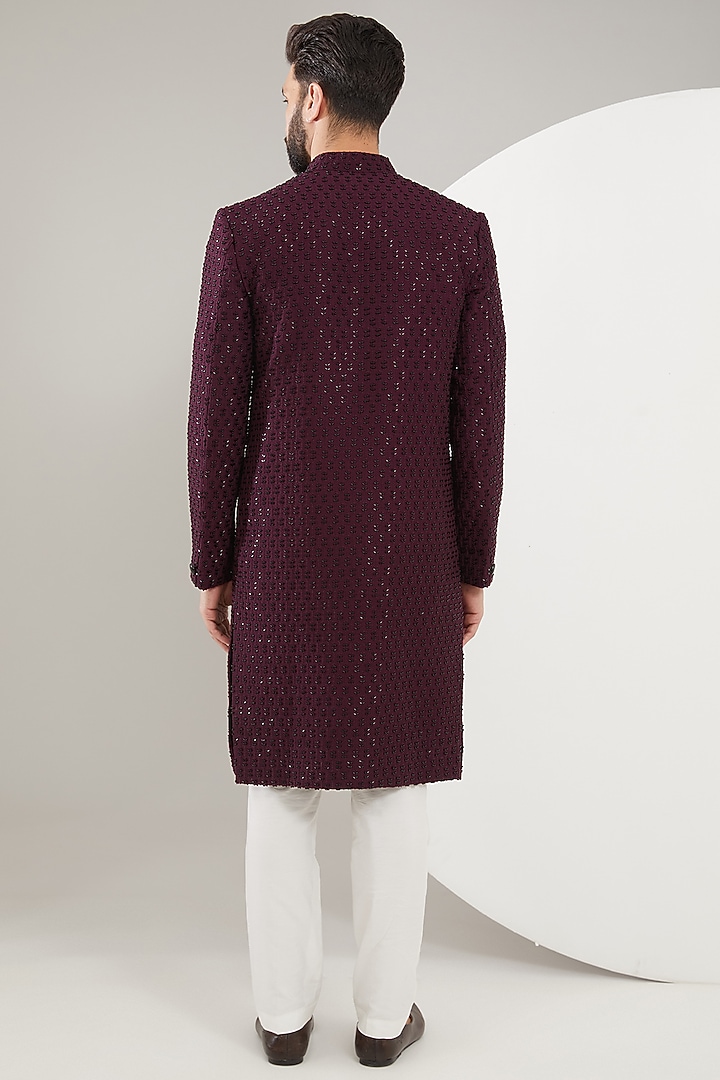 Maroon Silk Cutdana Embroidered Wedding Sherwani by Kasbah Clothing at Pernia's Pop Up Shop