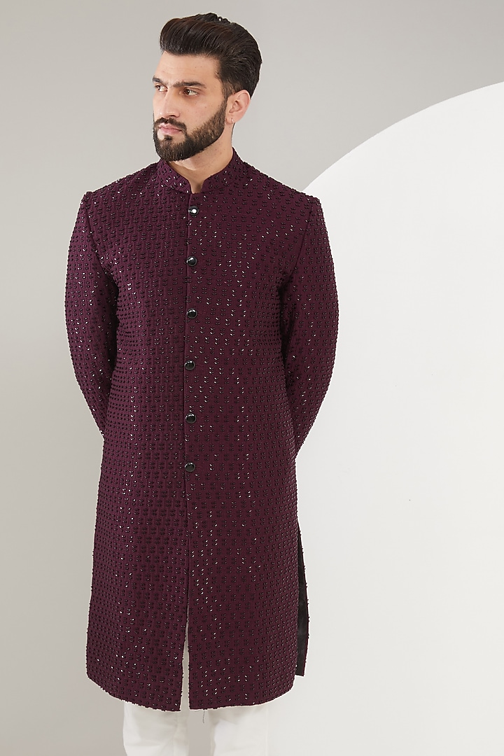 Maroon Silk Cutdana Embroidered Wedding Sherwani by Kasbah Clothing at Pernia's Pop Up Shop