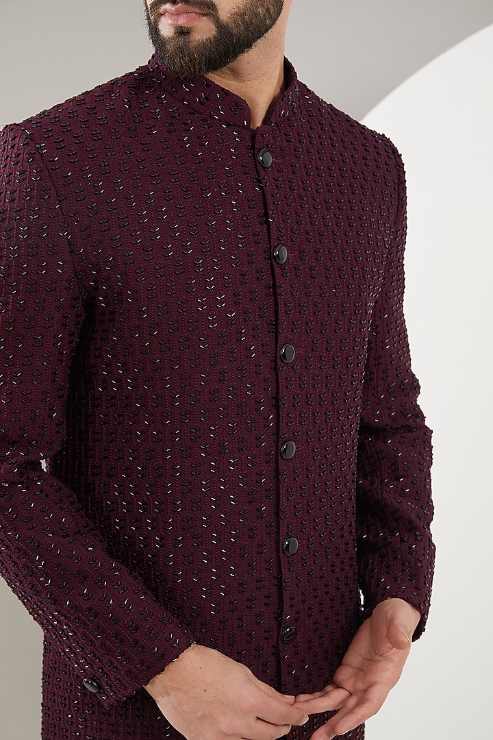 Maroon Silk Cutdana Embroidered Wedding Sherwani by Kasbah Clothing at Pernia's Pop Up Shop