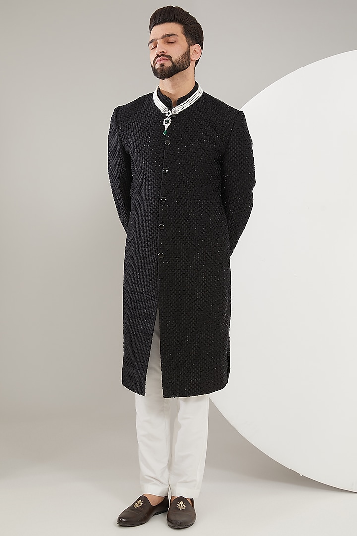 Black Velvet Cutdana Embroidered Wedding Sherwani by Kasbah Clothing at Pernia's Pop Up Shop