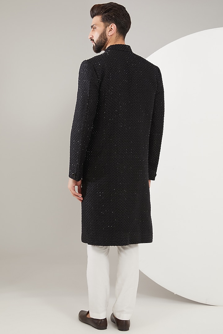 Black Velvet Cutdana Embroidered Wedding Sherwani by Kasbah Clothing at Pernia's Pop Up Shop