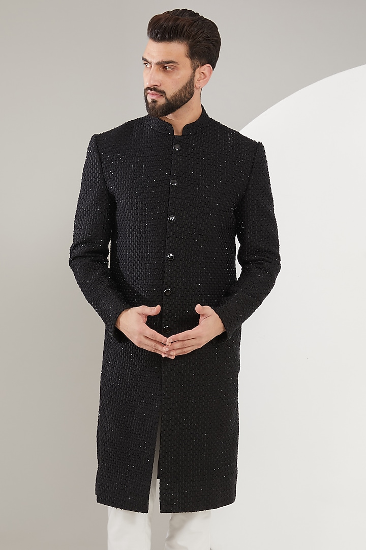 Black Velvet Cutdana Embroidered Wedding Sherwani by Kasbah Clothing at Pernia's Pop Up Shop