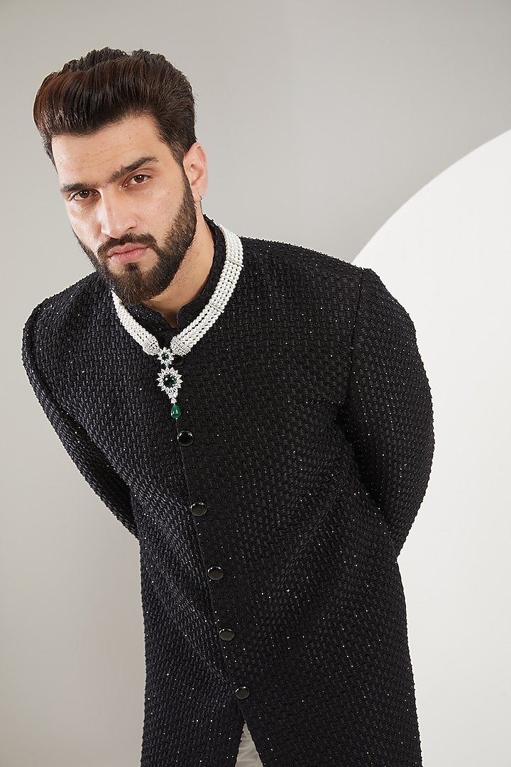 Black Velvet Cutdana Embroidered Wedding Sherwani by Kasbah Clothing at Pernia's Pop Up Shop