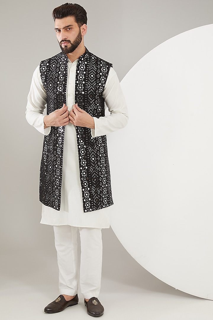 Black Silk Mirror Work Indowestern Jacket by Kasbah Clothing