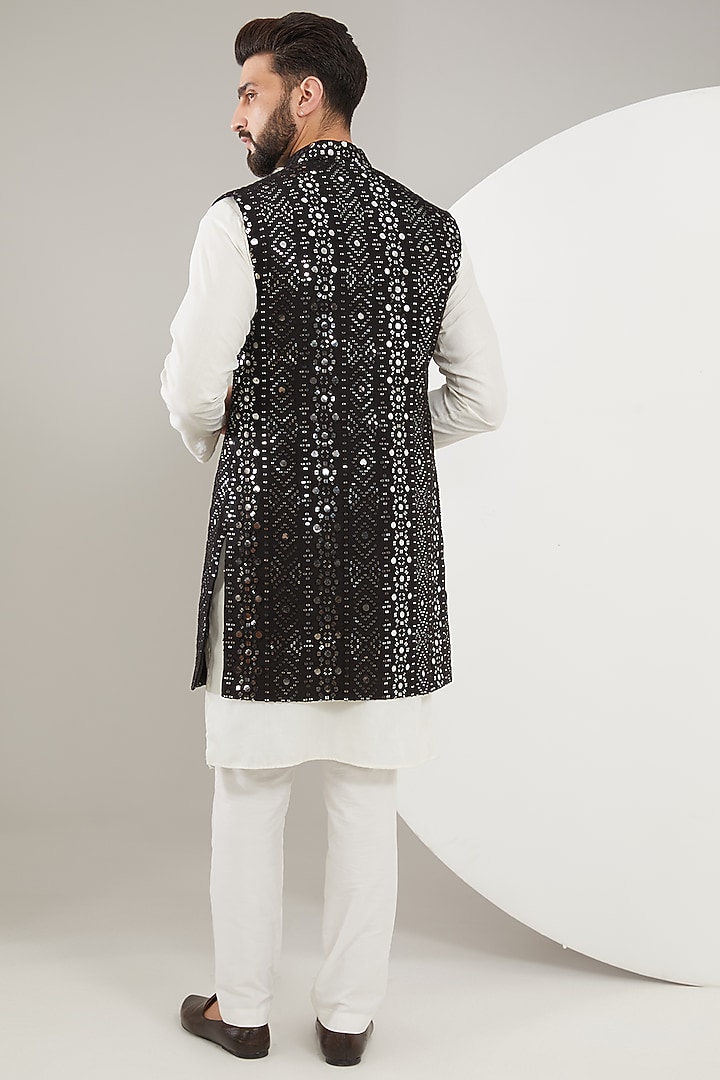 Black Silk Mirror Work Indowestern Jacket by Kasbah Clothing at Pernia's Pop Up Shop
