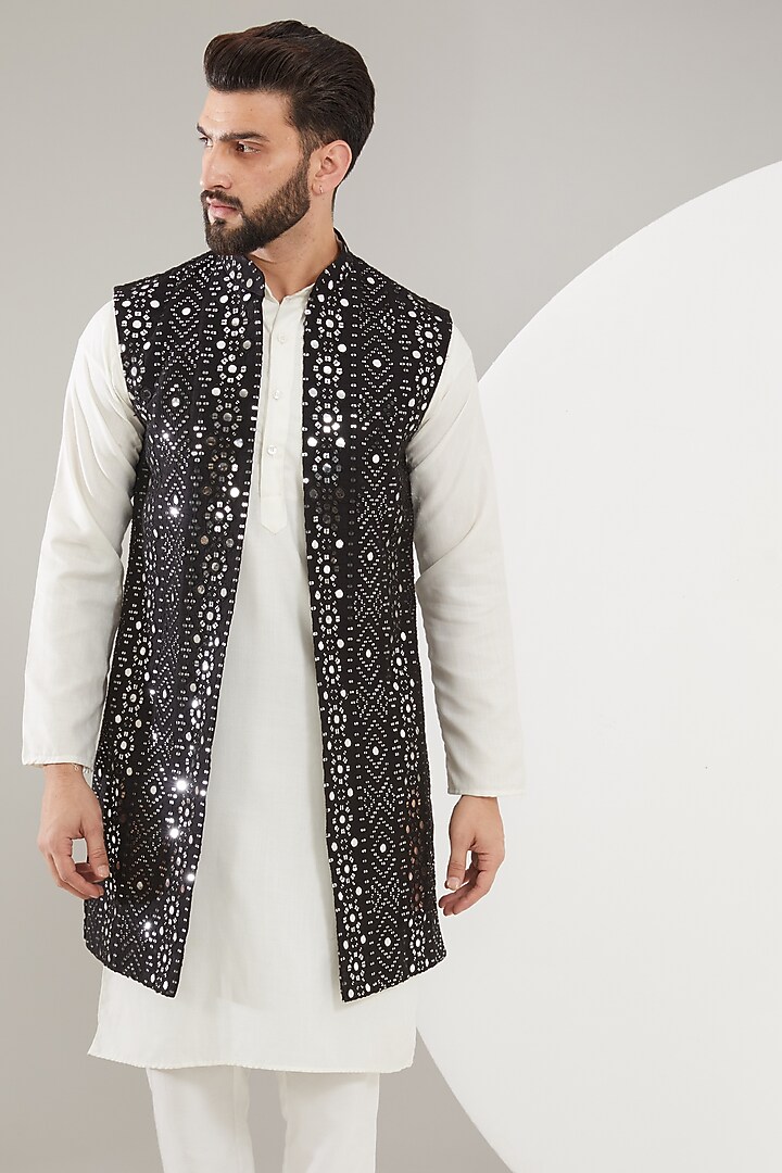 Black Silk Mirror Work Indowestern Jacket by Kasbah Clothing at Pernia's Pop Up Shop