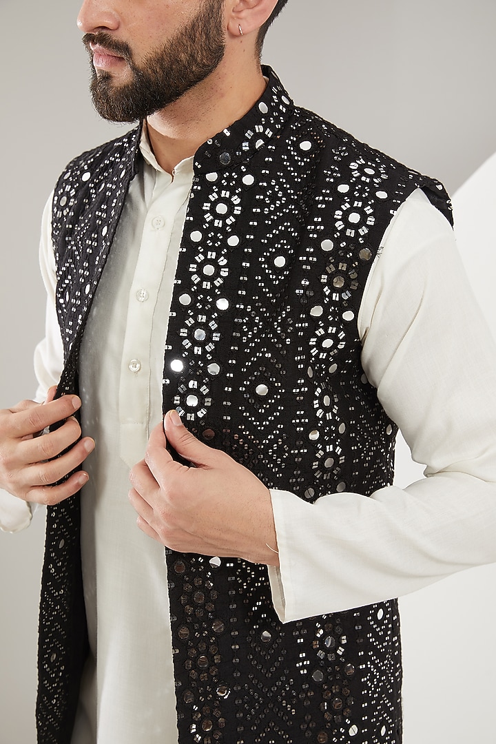 Black Silk Mirror Work Indowestern Jacket by Kasbah Clothing at Pernia's Pop Up Shop