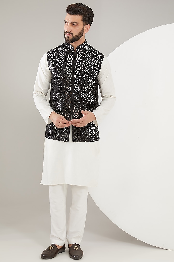 Black Silk Mirror Work Nehru Jacket by Kasbah Clothing