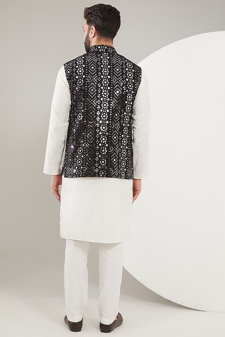 Black Silk Mirror Work Nehru Jacket by Kasbah Clothing at Pernia's Pop Up Shop