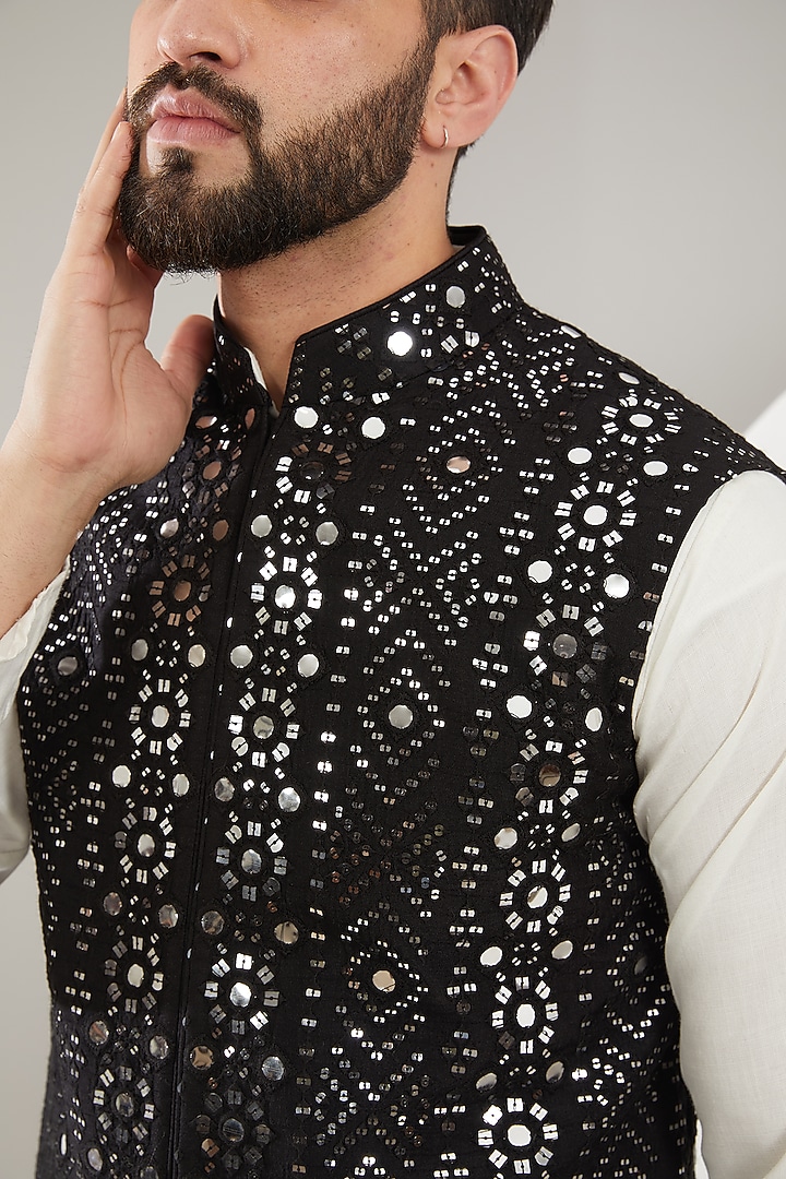 Black Silk Mirror Work Nehru Jacket by Kasbah Clothing at Pernia's Pop Up Shop
