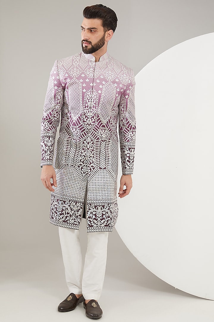 Purple Ombre Silk Thread Work Sherwani by Kasbah Clothing