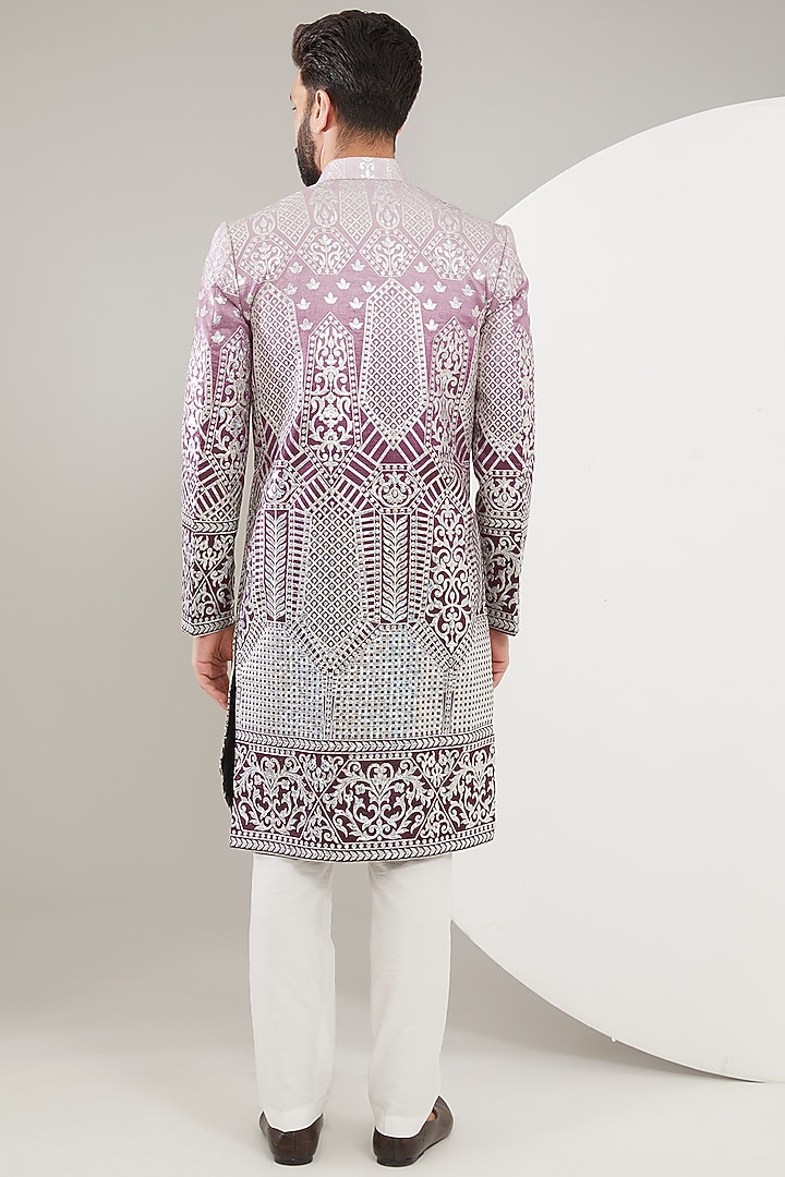 Purple Ombre Silk Thread Work Wedding Sherwani by Kasbah Clothing at Pernia's Pop Up Shop