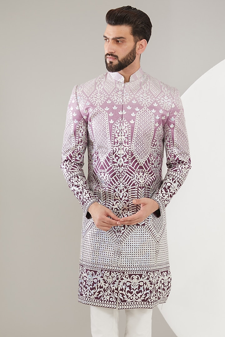 Purple Ombre Silk Thread Work Wedding Sherwani by Kasbah Clothing at Pernia's Pop Up Shop