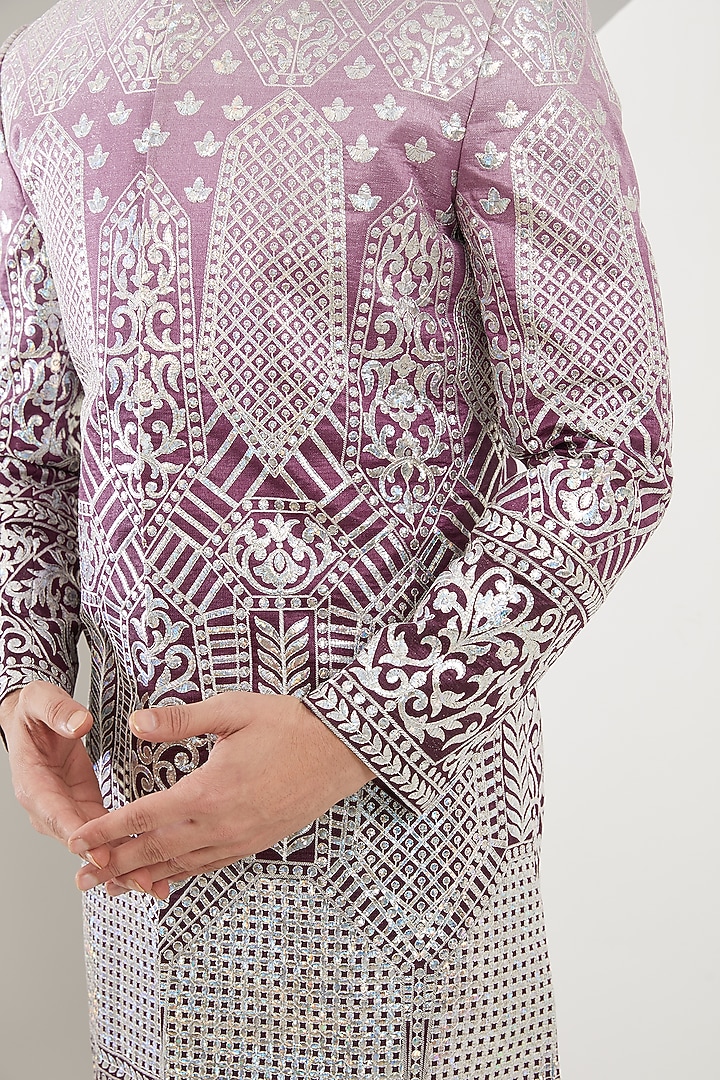 Purple Ombre Silk Thread Work Wedding Sherwani by Kasbah Clothing at Pernia's Pop Up Shop