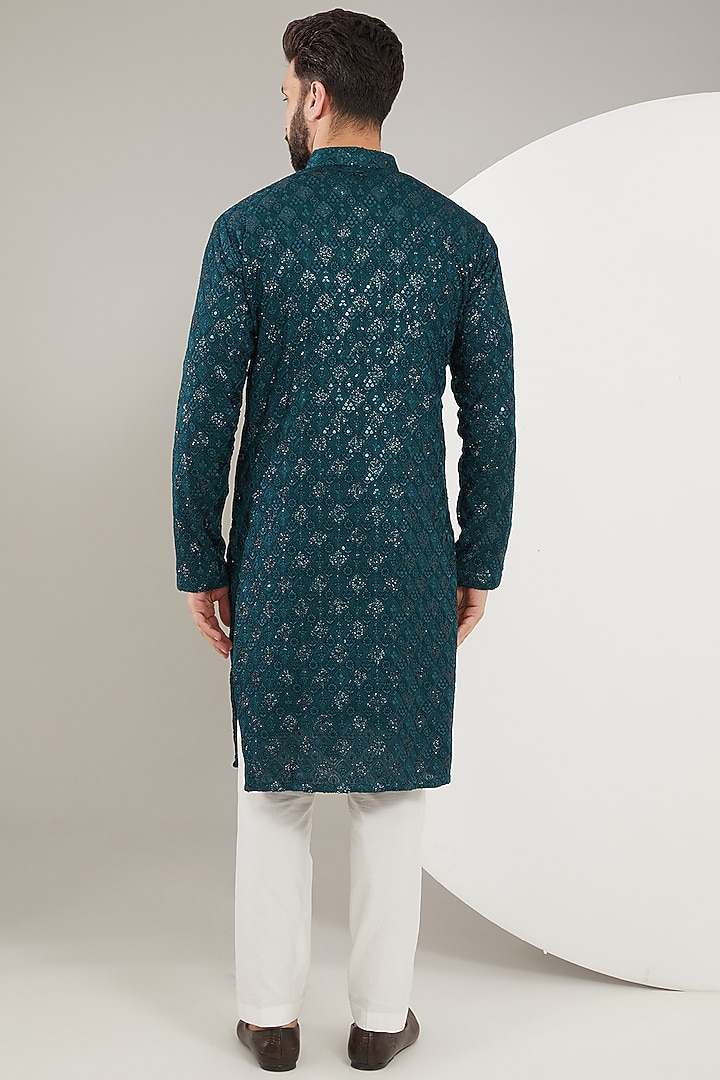 Teal Georgette Thread Embroidered Chikankari Kurta by Kasbah Clothing at Pernia's Pop Up Shop