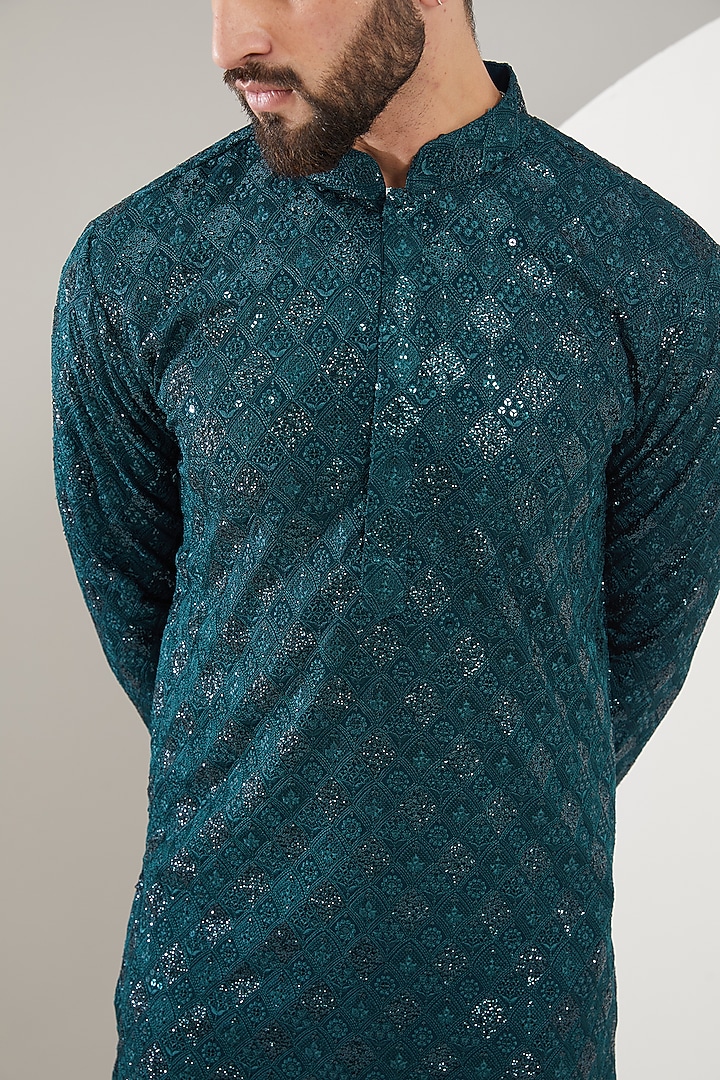 Teal Georgette Thread Embroidered Chikankari Kurta by Kasbah Clothing at Pernia's Pop Up Shop