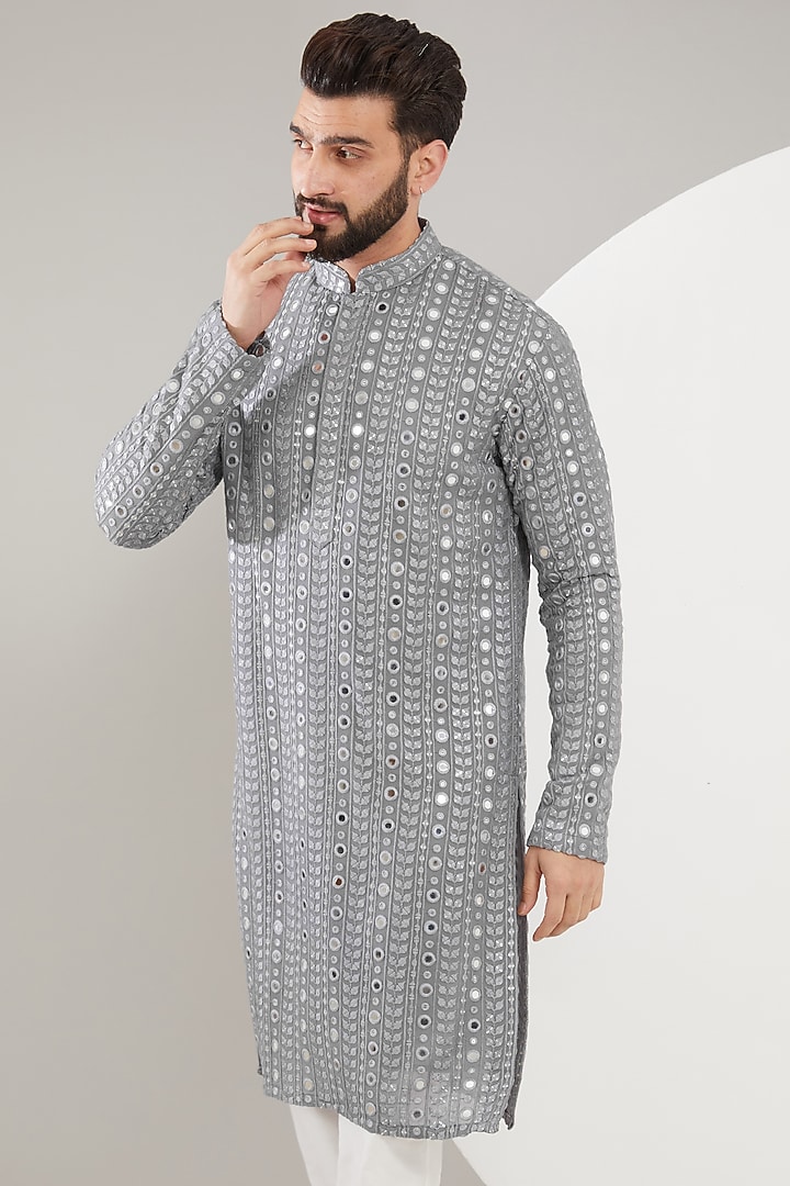 Grey Georgette Thread & Mirror Work Kurta by Kasbah Clothing at Pernia's Pop Up Shop