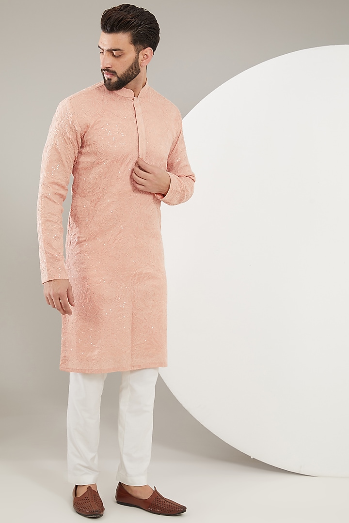 Peach Silk Sequins Embroidered Chikankari Kurta by Kasbah Clothing at Pernia's Pop Up Shop