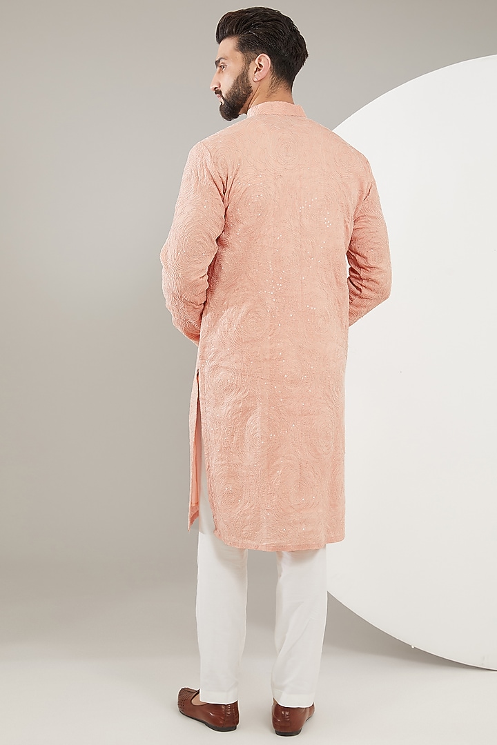 Peach Silk Sequins Embroidered Chikankari Kurta by Kasbah Clothing at Pernia's Pop Up Shop
