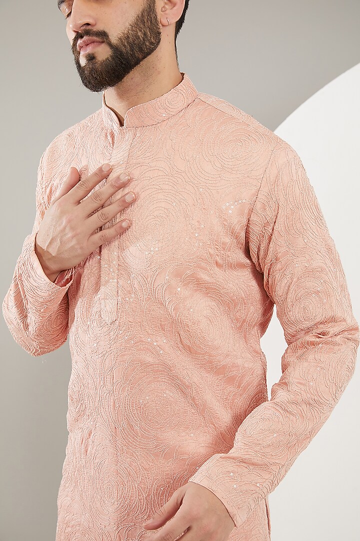 Peach Silk Sequins Embroidered Chikankari Kurta by Kasbah Clothing at Pernia's Pop Up Shop