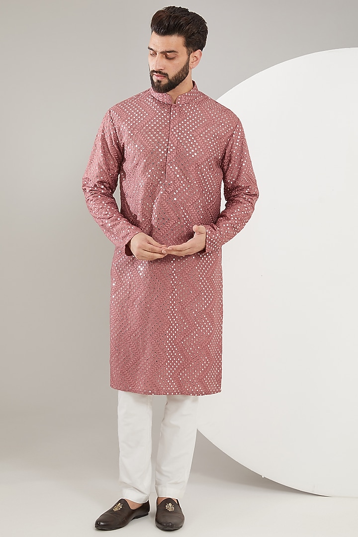 Rust Pink Silk Thread Work Kurta by Kasbah Clothing at Pernia's Pop Up Shop