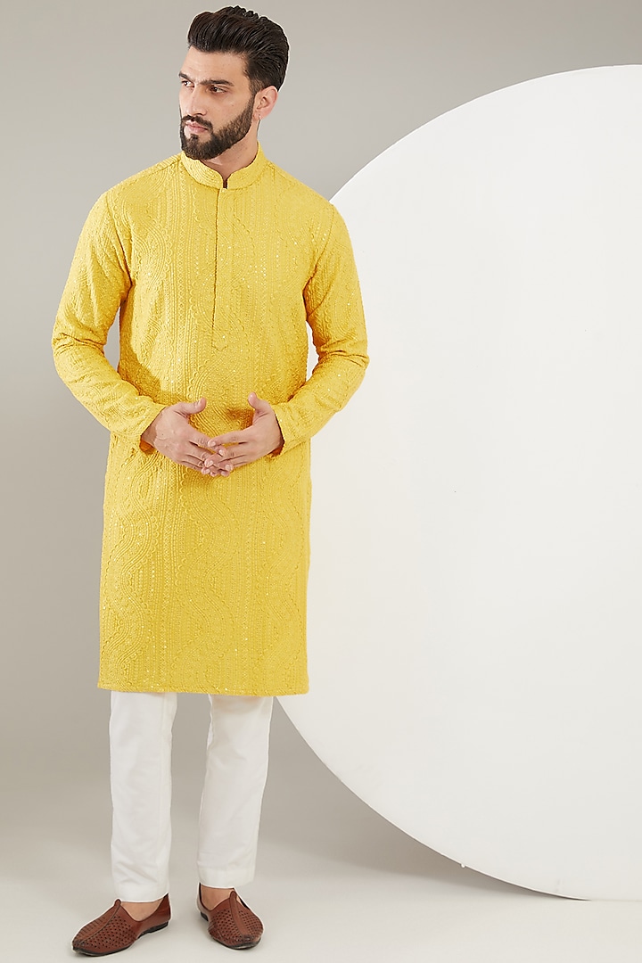 Yellow Silk Embroidered Chikankari Kurta by Kasbah Clothing