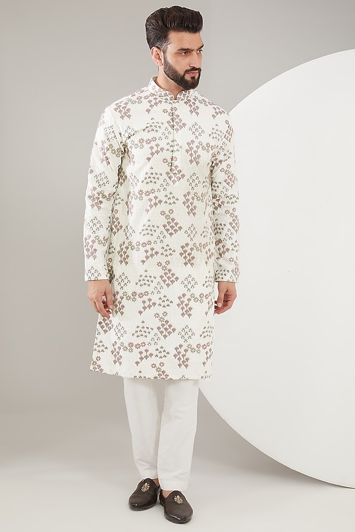 Lilac & White Silk Floral Embroidered Kurta by Kasbah Clothing