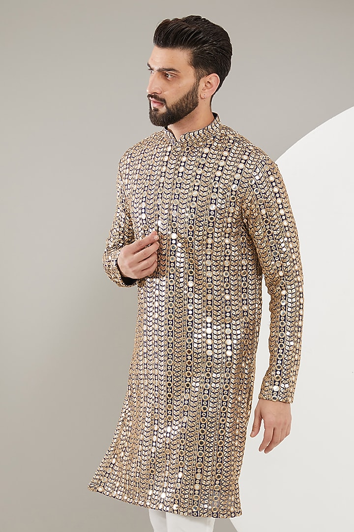 Navy Blue Georgette Zari Embroidered Chikankari Kurta by Kasbah Clothing at Pernia's Pop Up Shop