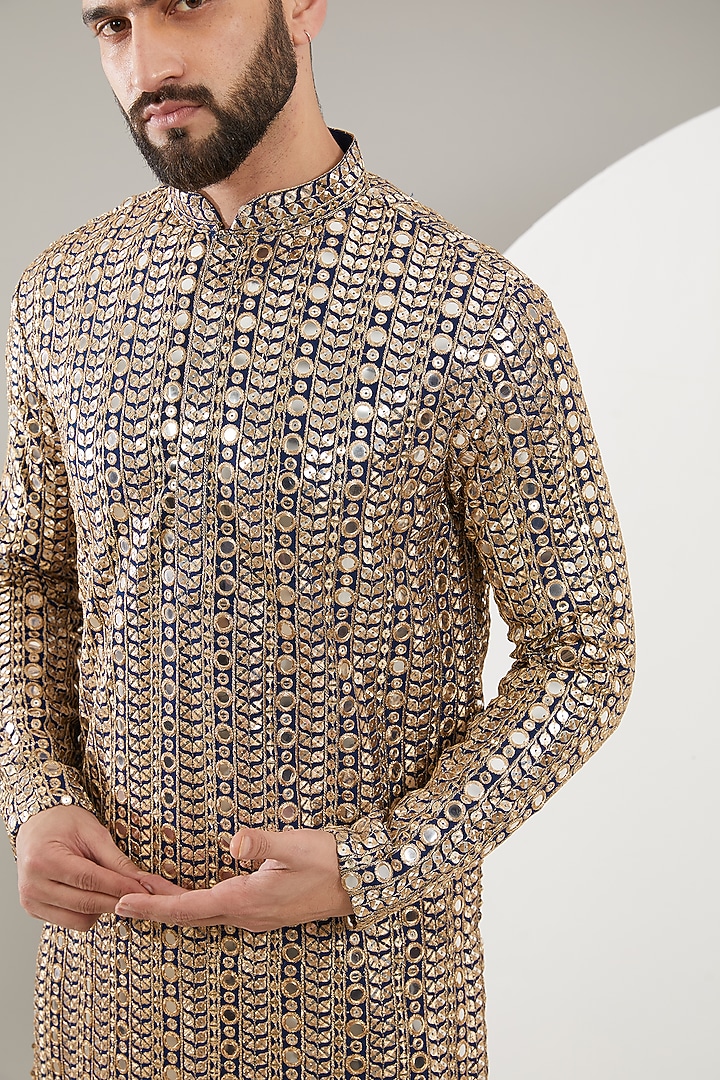 Navy Blue Georgette Zari Embroidered Chikankari Kurta by Kasbah Clothing at Pernia's Pop Up Shop