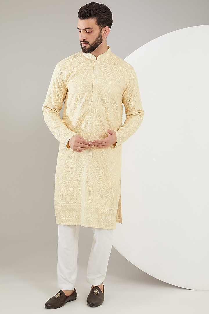 Beige Silk Kashmiri Embroidered Kurta by Kasbah Clothing at Pernia's Pop Up Shop