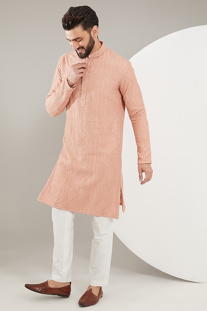 Peach Silk Thread Work Chikankari Kurta by Kasbah Clothing at Pernia's Pop Up Shop
