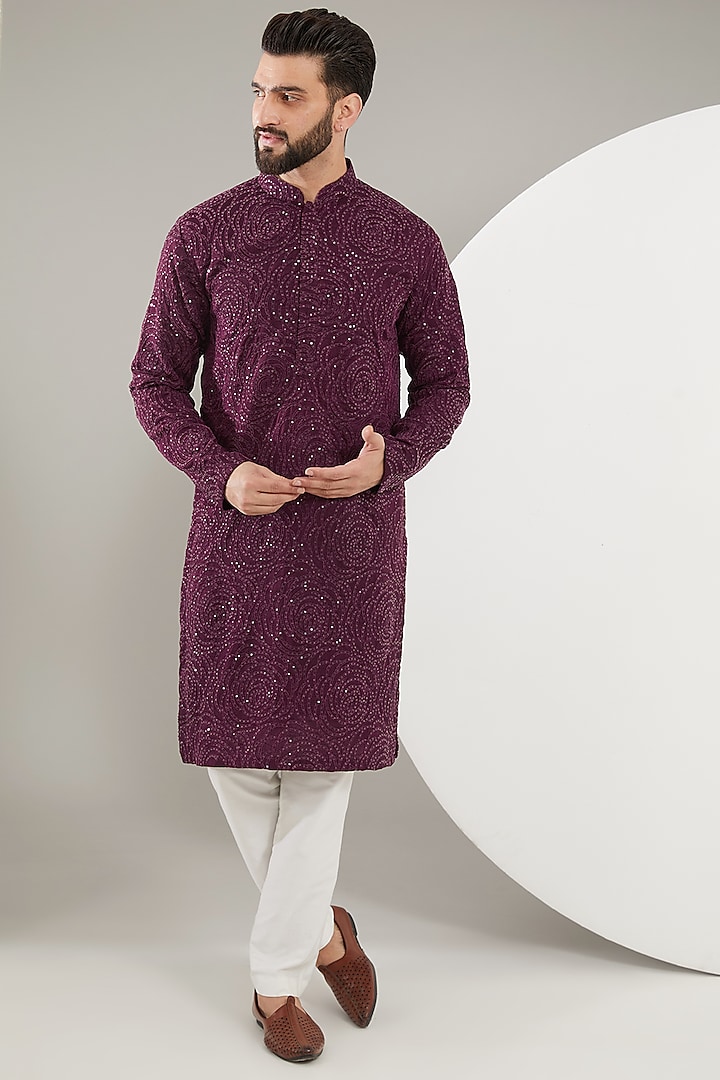 Mud Wine Silk Floral Embroidered Kurta by Kasbah Clothing