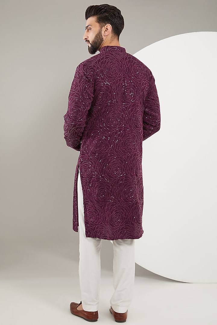 Mud Wine Silk Floral Embroidered Kurta by Kasbah Clothing at Pernia's Pop Up Shop