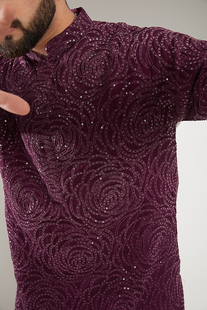 Mud Wine Silk Floral Embroidered Kurta by Kasbah Clothing at Pernia's Pop Up Shop