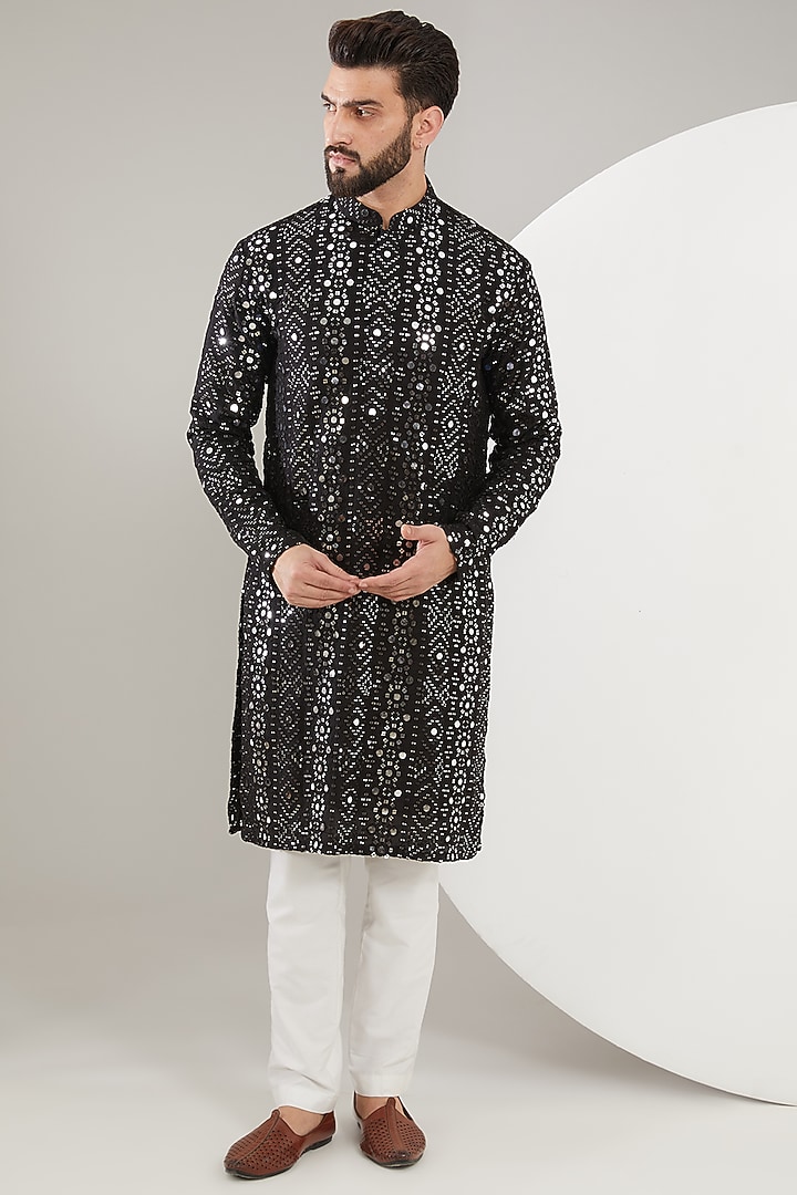 Black Silk Mirror Work Kurta by Kasbah Clothing at Pernia's Pop Up Shop
