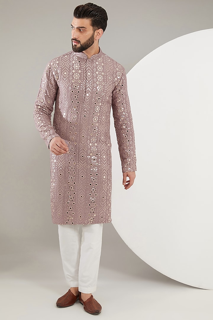 Purple Silk Floral Embroidered Kurta by Kasbah Clothing