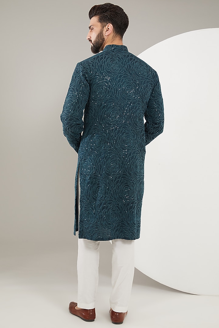 Dark Teal Silk Sequins Embroidered Kurta by Kasbah Clothing at Pernia's Pop Up Shop