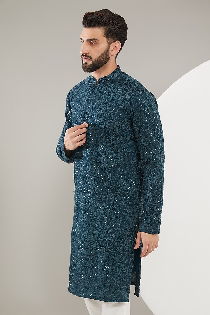 Dark Teal Silk Sequins Embroidered Kurta by Kasbah Clothing at Pernia's Pop Up Shop