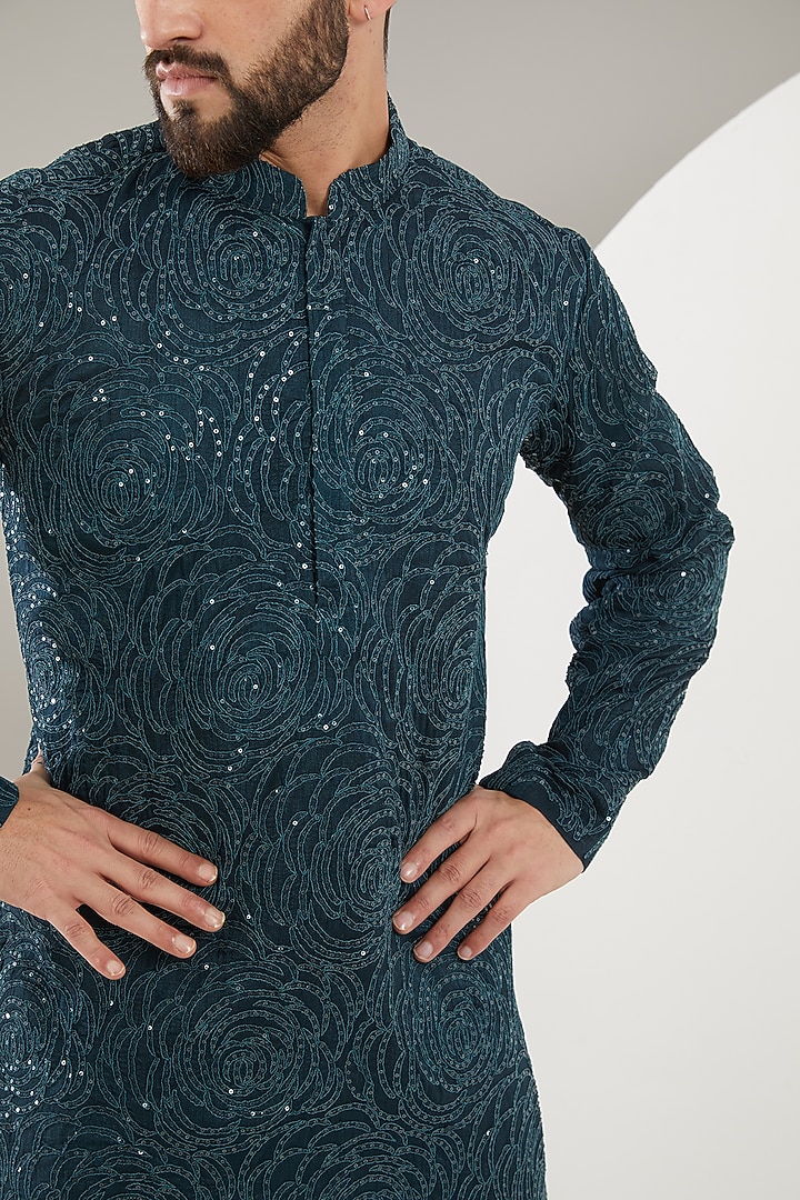 Dark Teal Silk Sequins Embroidered Kurta by Kasbah Clothing at Pernia's Pop Up Shop